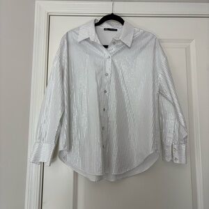 Zara Women’s White with Silver Metallic Stripes Button-Up Shirt